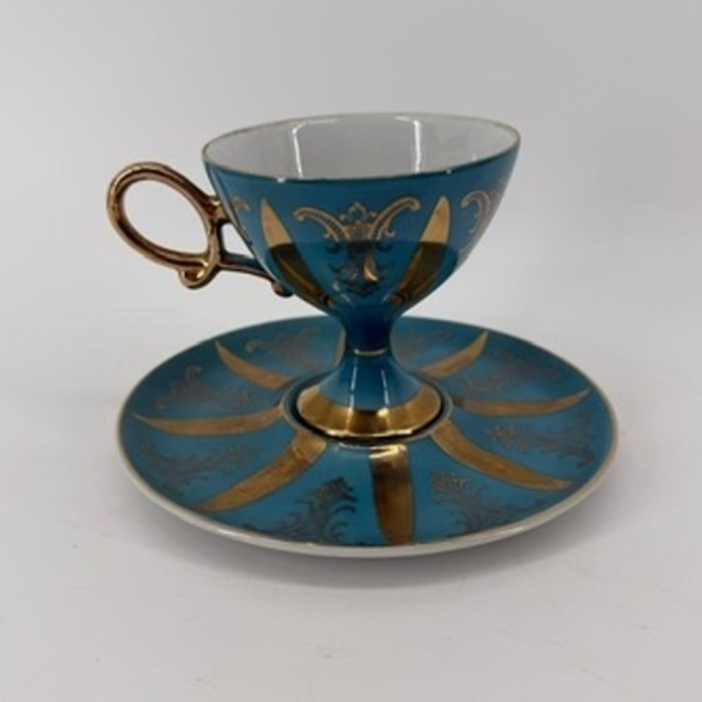 Vintage Turquoise Gold Pedestal Teacup and Saucer Set Sunburst Filigree